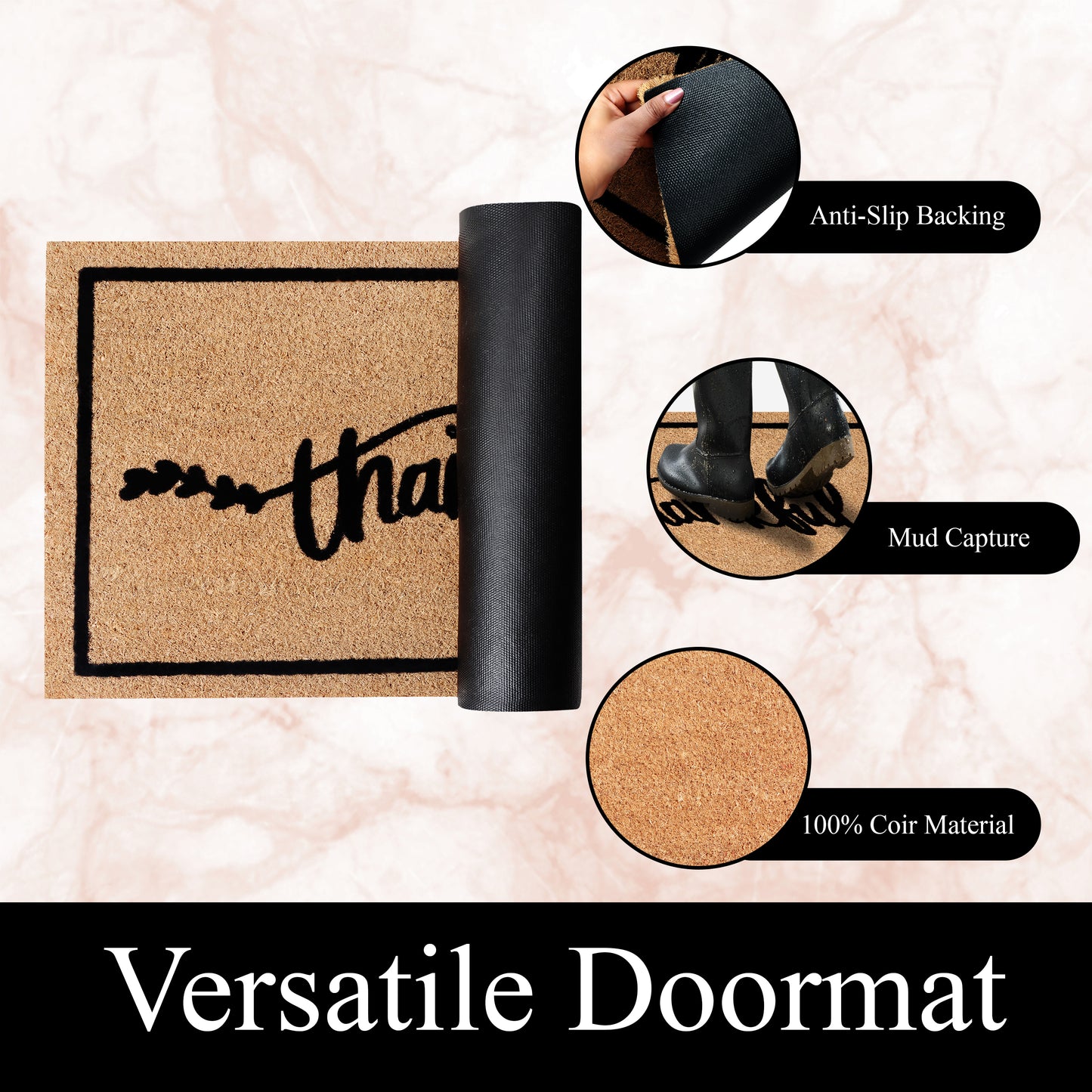 A1HC Natural Coir Flocked Door mat with Heavy Duty Non-Slip PVC Backing, Low-Profile Durable Doormat