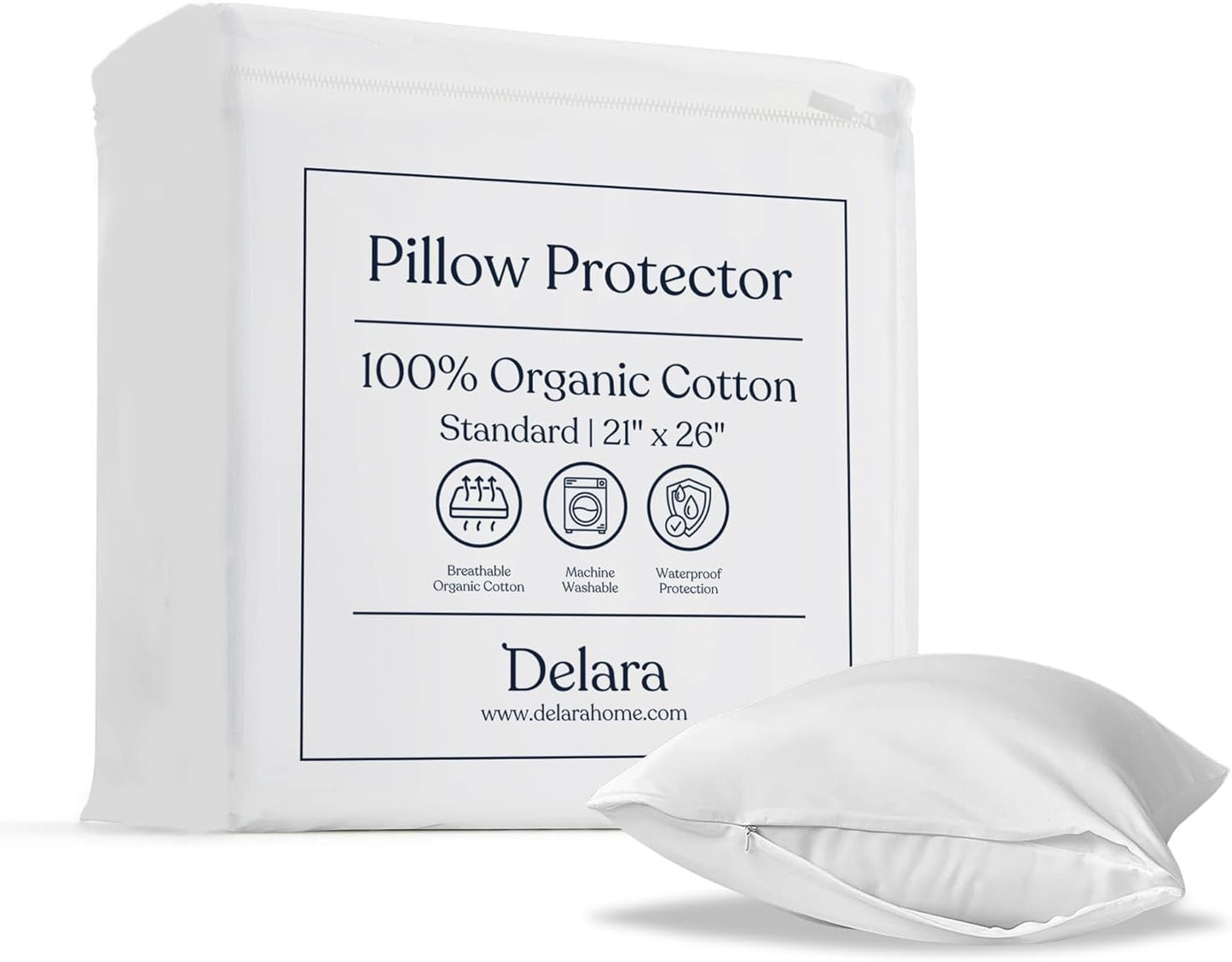 Delara Organic Cotton Pillow Protectors, GOTS Certified, Waterproof, Ultra-Soft, Zipper Closure