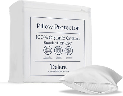 Delara Organic Cotton Pillow Protectors, GOTS Certified, Waterproof, Ultra-Soft, Zipper Closure