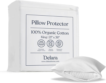 Delara Organic Cotton Pillow Protectors, GOTS Certified, Waterproof, Ultra-Soft, Zipper Closure
