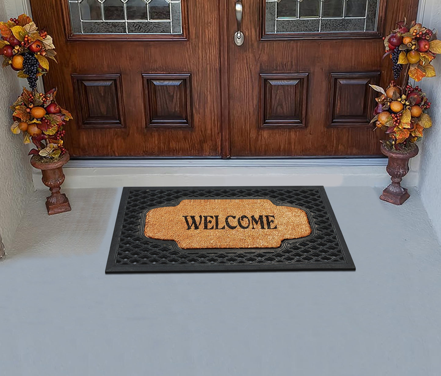 A1HC Natural Coir and Rubber Welcome Floral Design Door Mat, 23" x 38",  Heavy Duty Doormats, Black