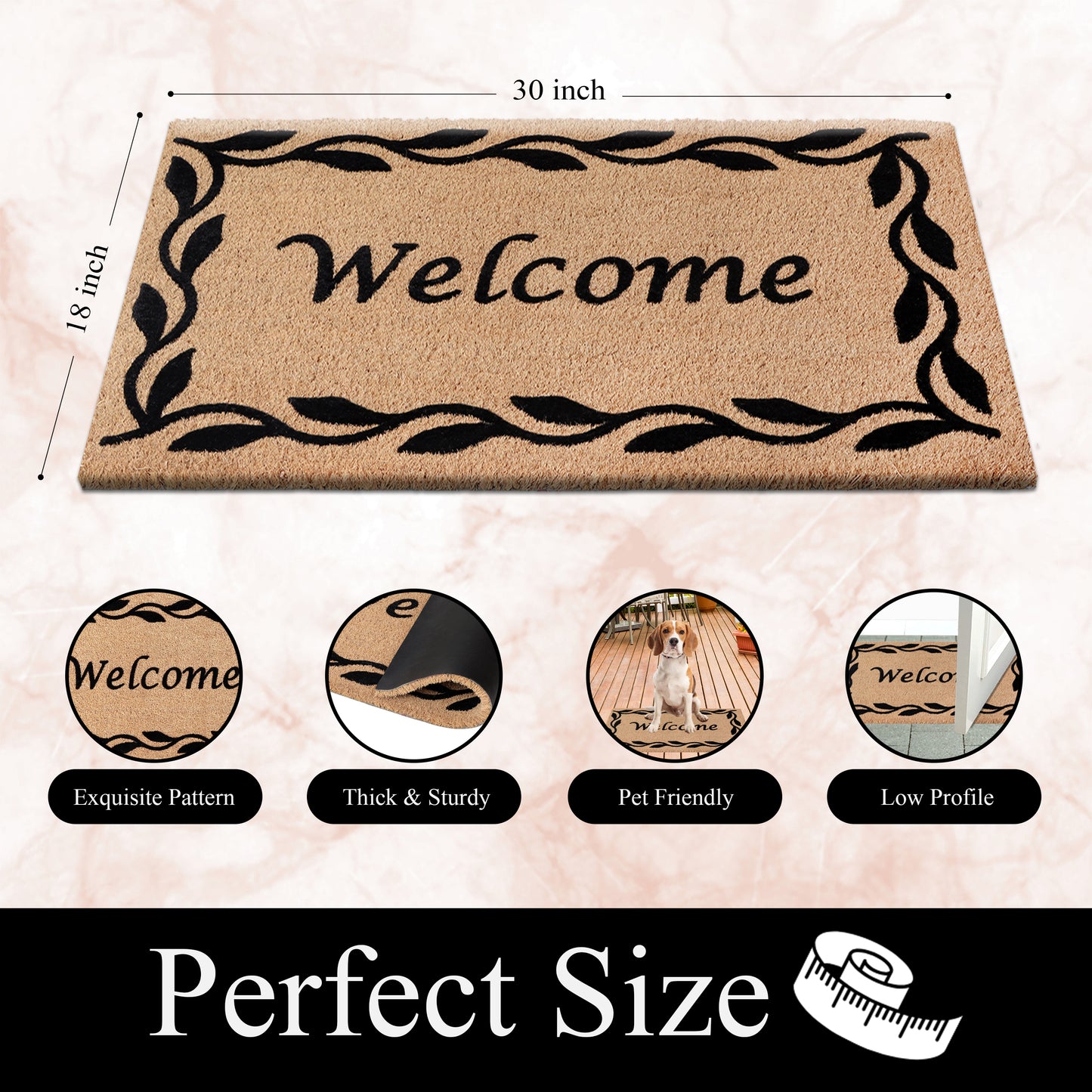 A1HC Natural Coir Flocked Door mat with Heavy Duty Non-Slip PVC Backing, Low-Profile Durable Doormat