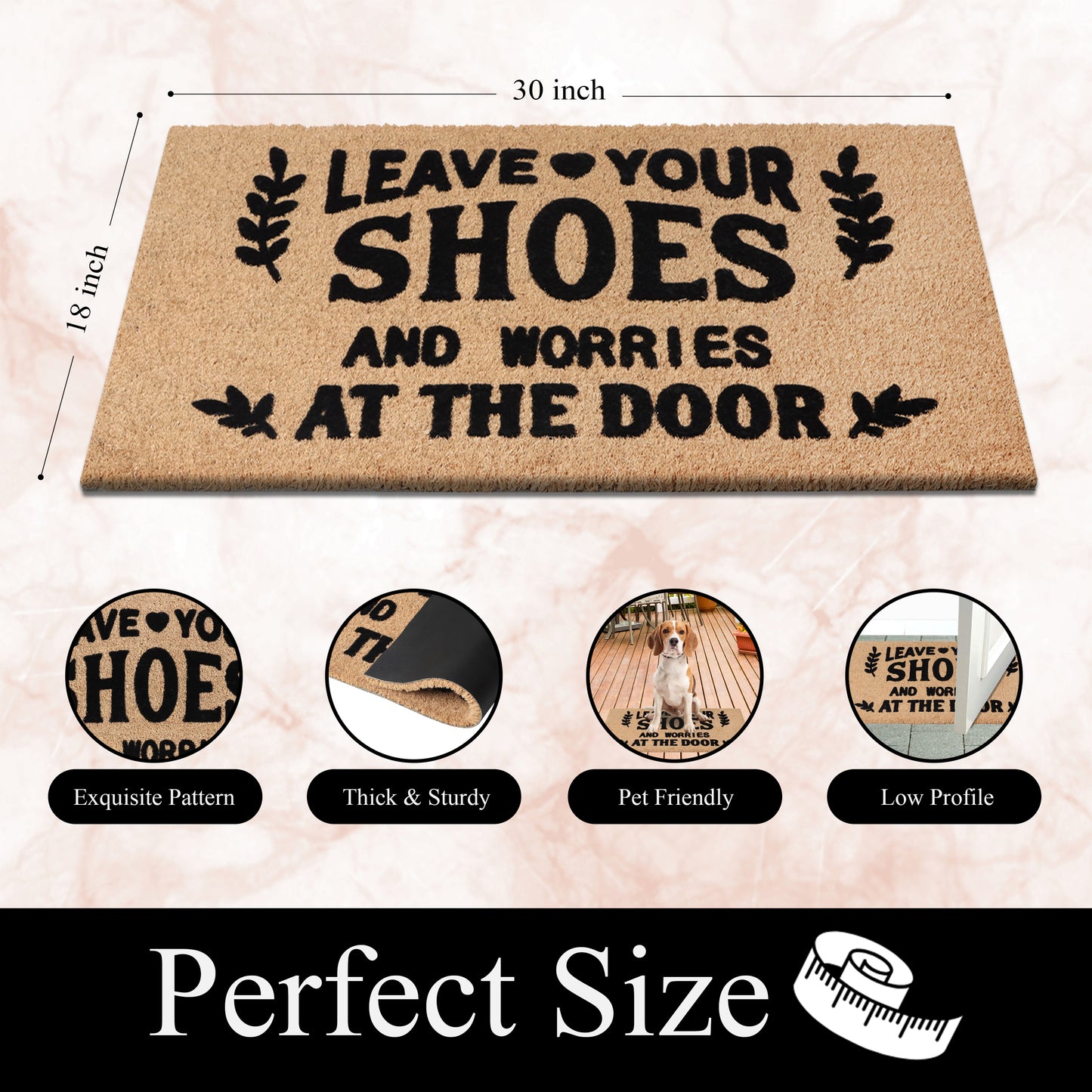 A1HC Natural Coir Flocked Door mat with Heavy Duty Non-Slip PVC Backing, Low-Profile Durable Doormat