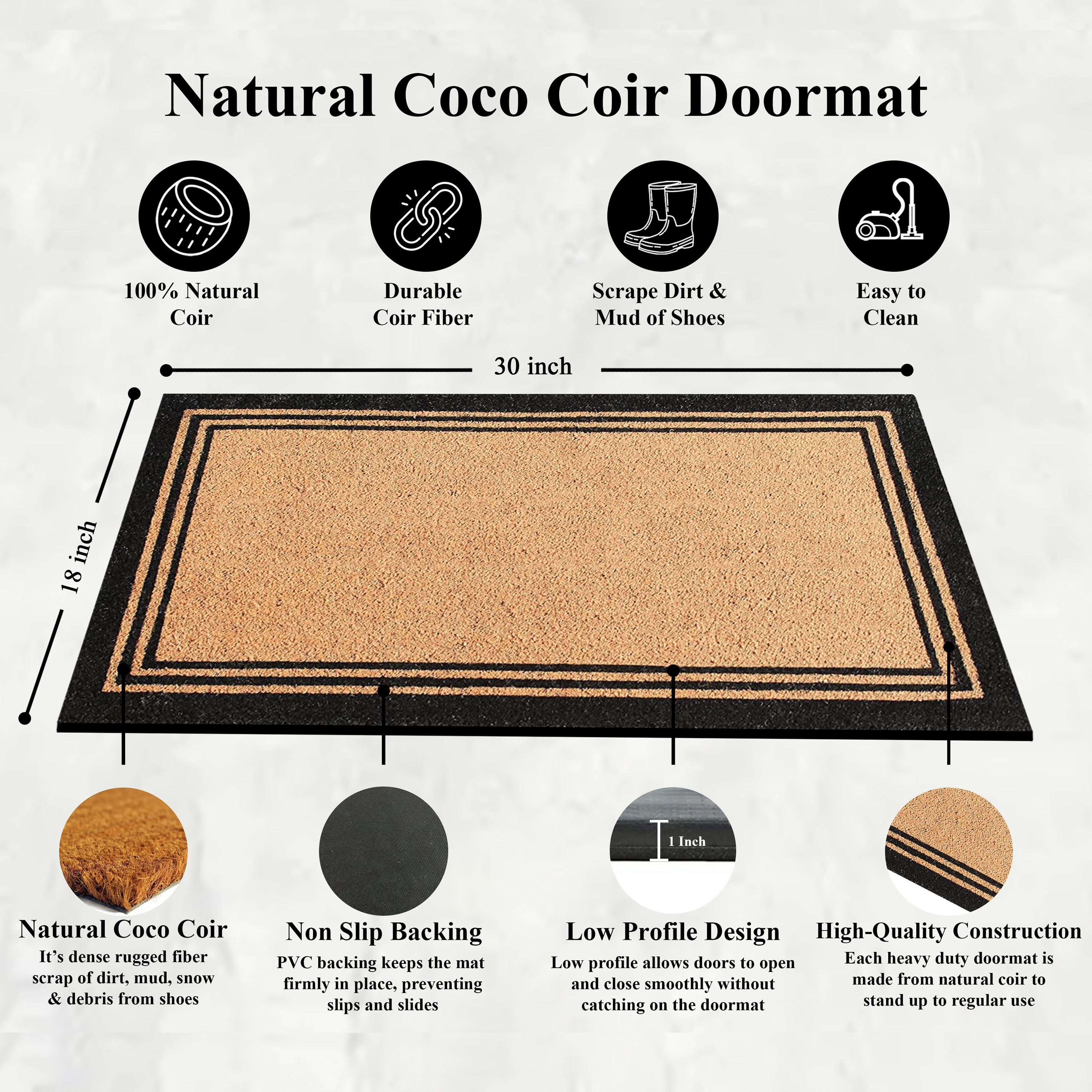 A1HC Border Design Coir Door Mat – Outdoor Coco Coir Front Door Mat with Non-Slip PVC Backing for Entryway, Porch & Patio
