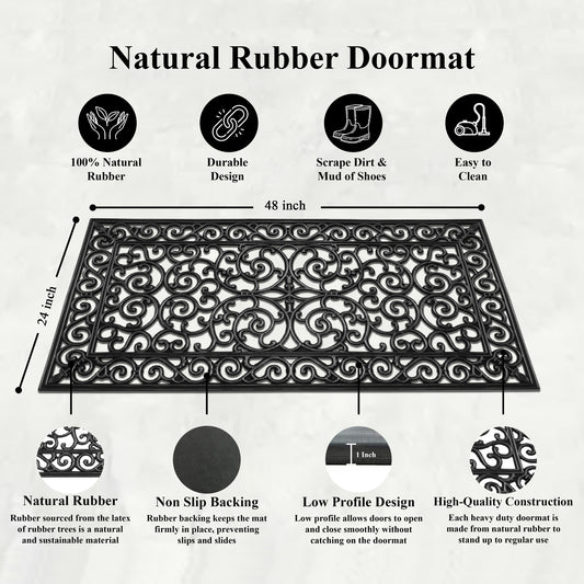 Decorative-wrought-iron-style-rubber-welcome-mat-on-patio