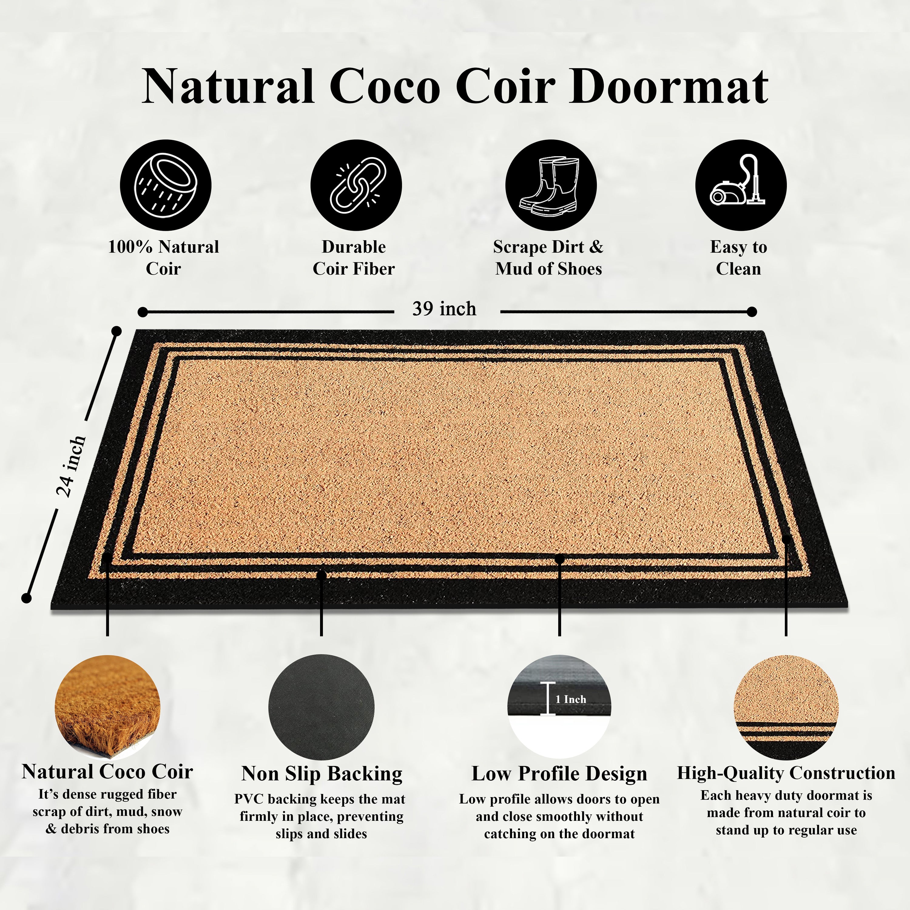 A1HC Border Design Coir Door Mat – Outdoor Coco Coir Front Door Mat with Non-Slip PVC Backing for Entryway, Porch & Patio