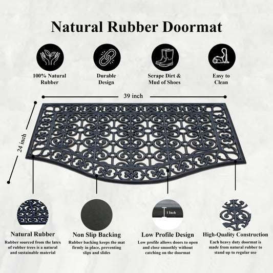 black rubber front door mat with decorative scroll pattern