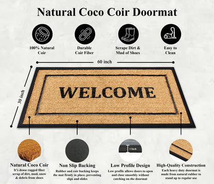 A1HC Extra Large Welcome Doormat 30"X60", Rubber & Coir, Heavy Duty, Thin Profile Front Door Mat