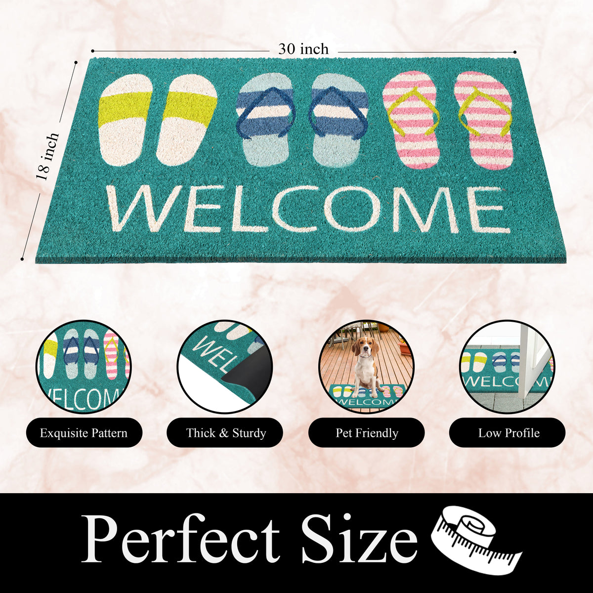 A1HC Natural Coco Coir Door Mat Welcome Slippers Coastal Doormat with Heavy Duty Non-Slip PVC Backing - 18" x 30" - Easy to Clean, Welcome Mat for Home, Low-Profile Durable Doormat