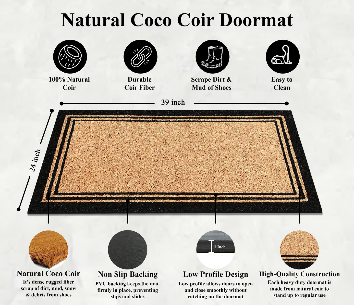A1HC Natural Coir Doormat with Classic Border Heavy Duty PVC Backing Front Door Entry Mat 24" x 39"
