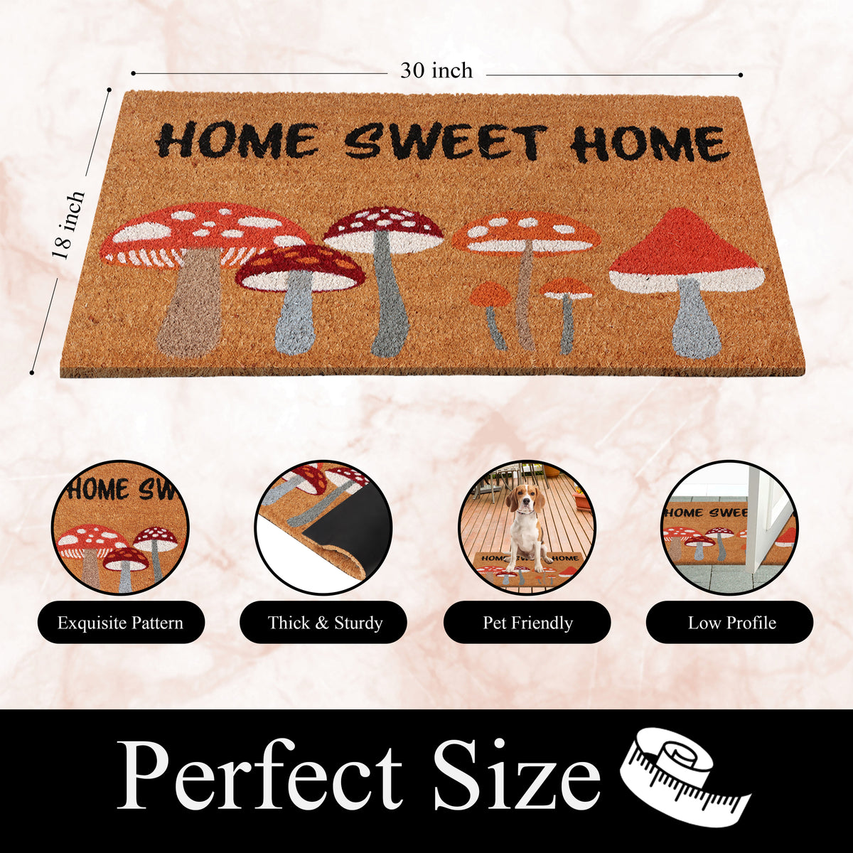 A1HC Natural Coco Coir Door Mat Home Sweet Home Mushroom Doormat with Heavy Duty Non-Slip PVC Backing - 18" x 30" - Easy to Clean, Welcome Mat for Home, Porch Decor Doormat