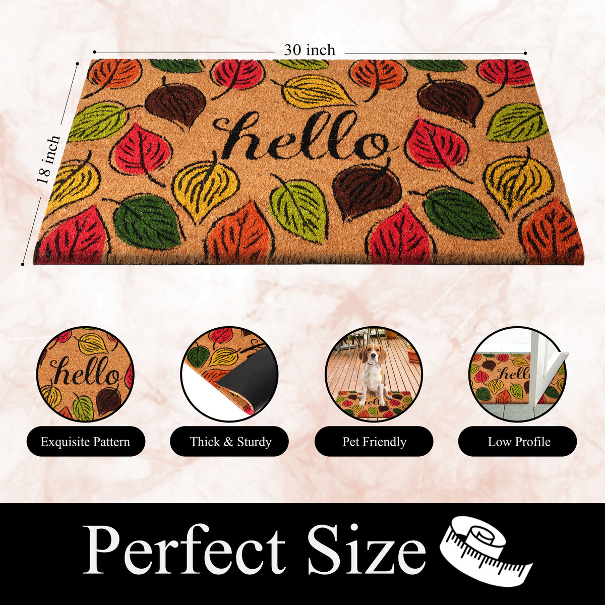 A1HC Natural Coco Coir Door Mat Hello Autumn Leaves Doormat with Heavy Duty Non-Slip PVC Backing - 18" x 30" - Easy to Clean, Welcome Mat for Home, Low-Profile Durable Doormat