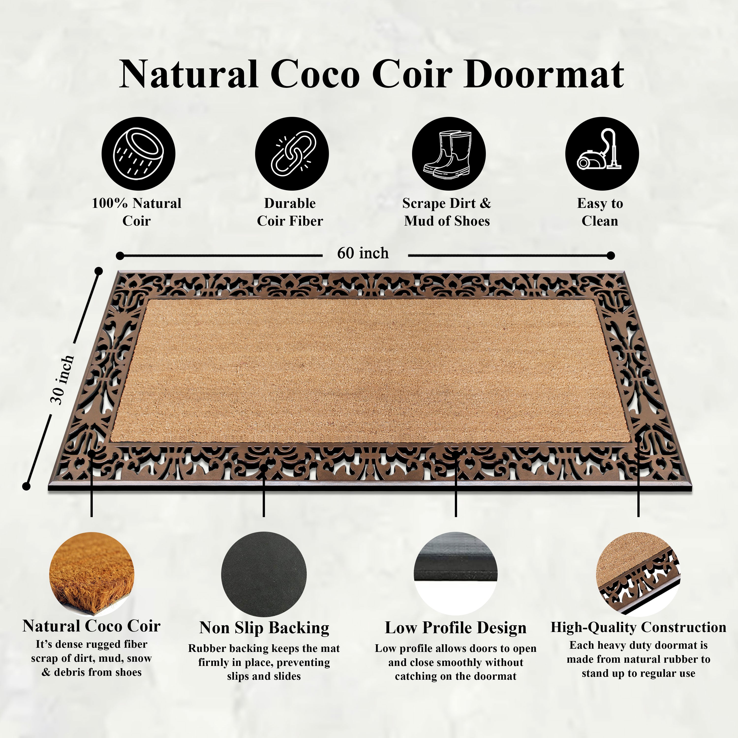 
Outdoor entry mat with natural coir center and rubber frame