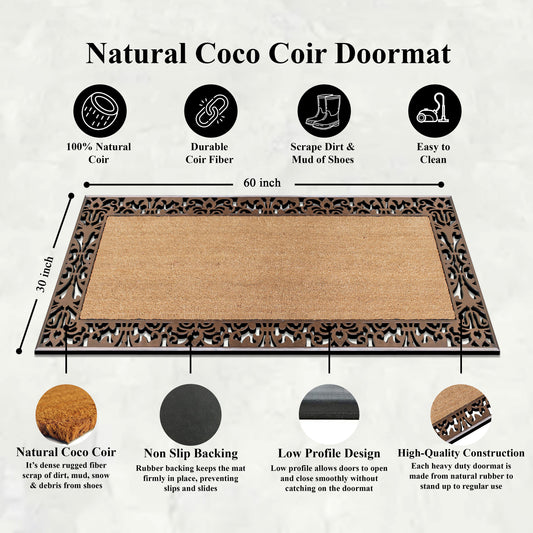 
Outdoor entry mat with natural coir center and rubber frame