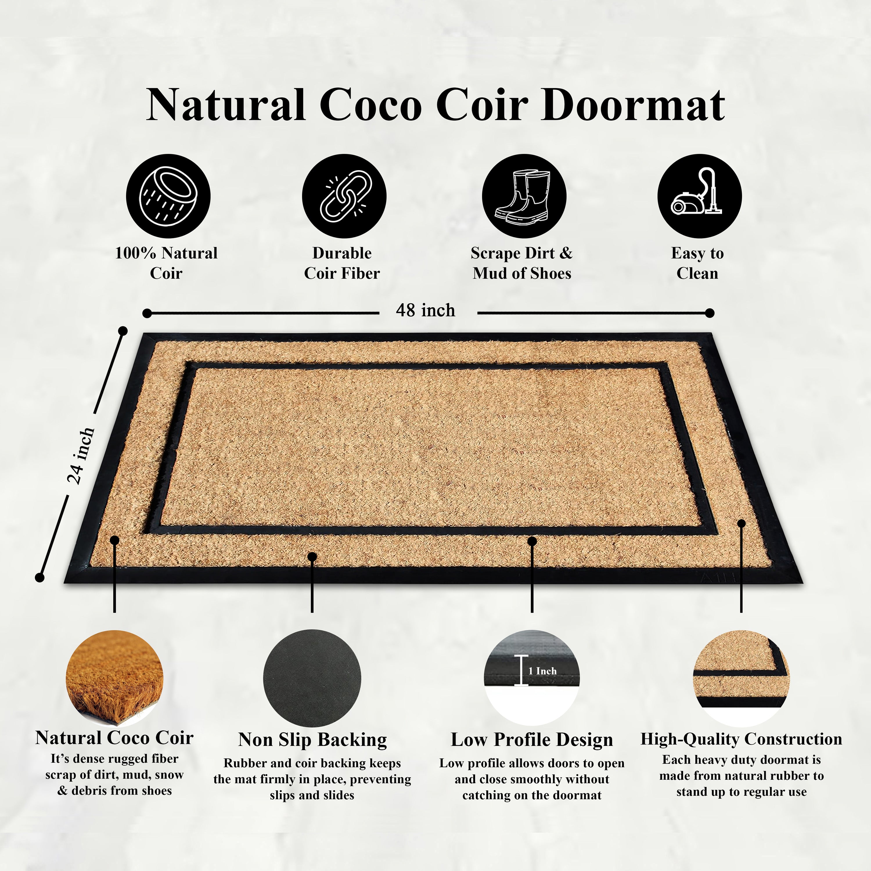 Rubber backed coir door mat for outdoor doorway