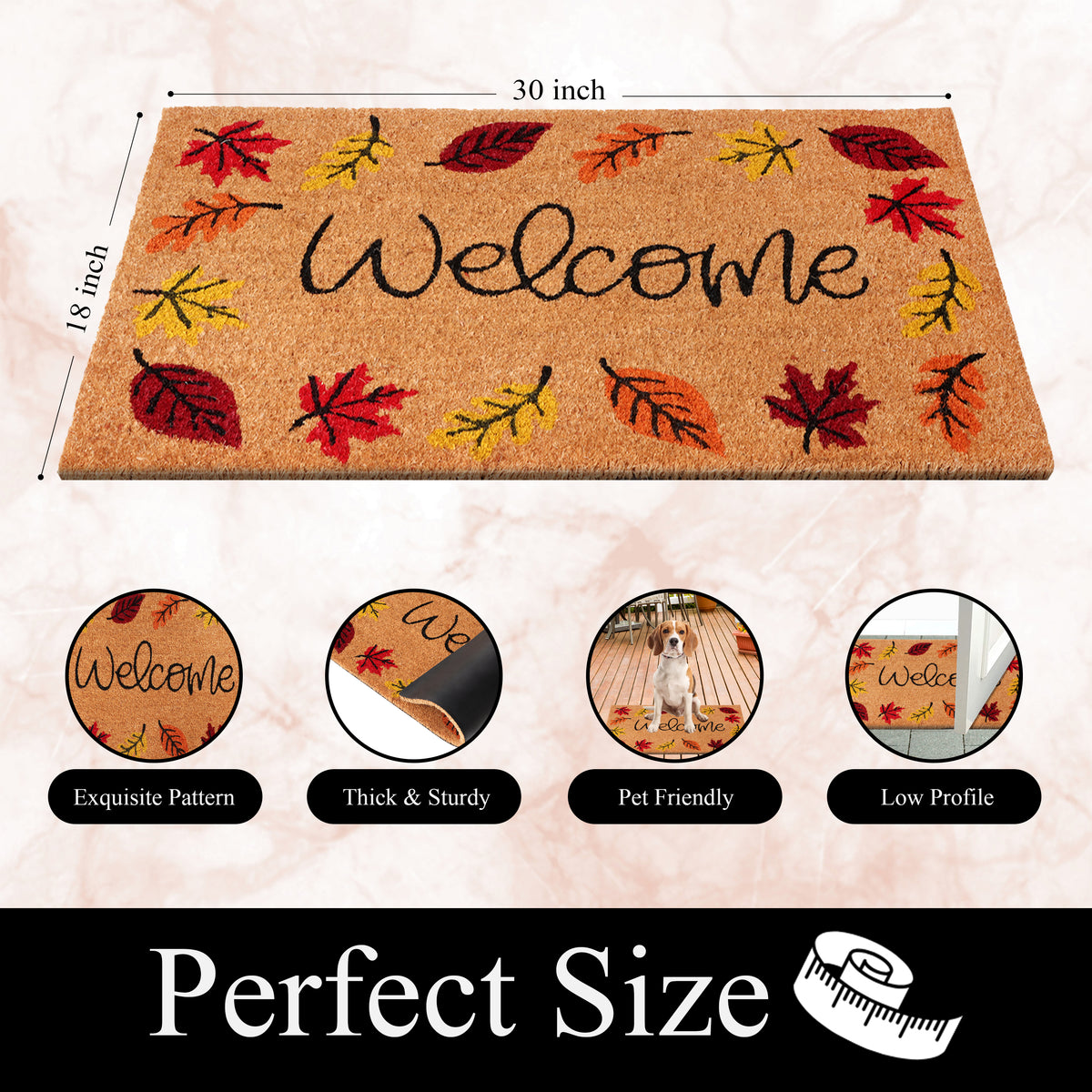 A1HC Natural Coco Coir Door Mat Autumn Leaves Doormat with Heavy Duty Non-Slip PVC Backing - 18" x 30" - Easy to Clean, Welcome Mat for Home, Low-Profile Durable Doormat
