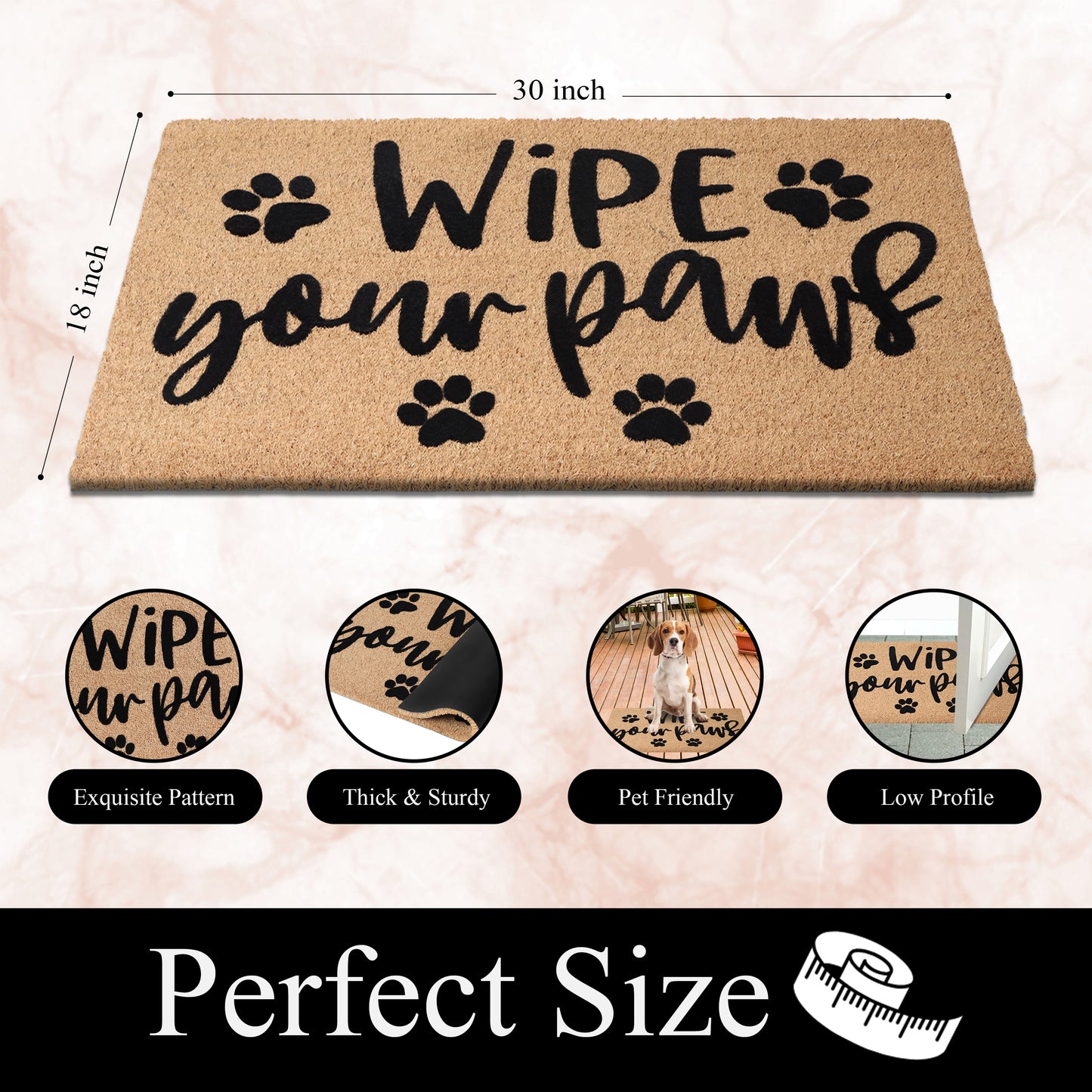 A1HC Natural Coir Flocked Door mat with Heavy Duty Non-Slip PVC Backing, Low-Profile Durable Doormat