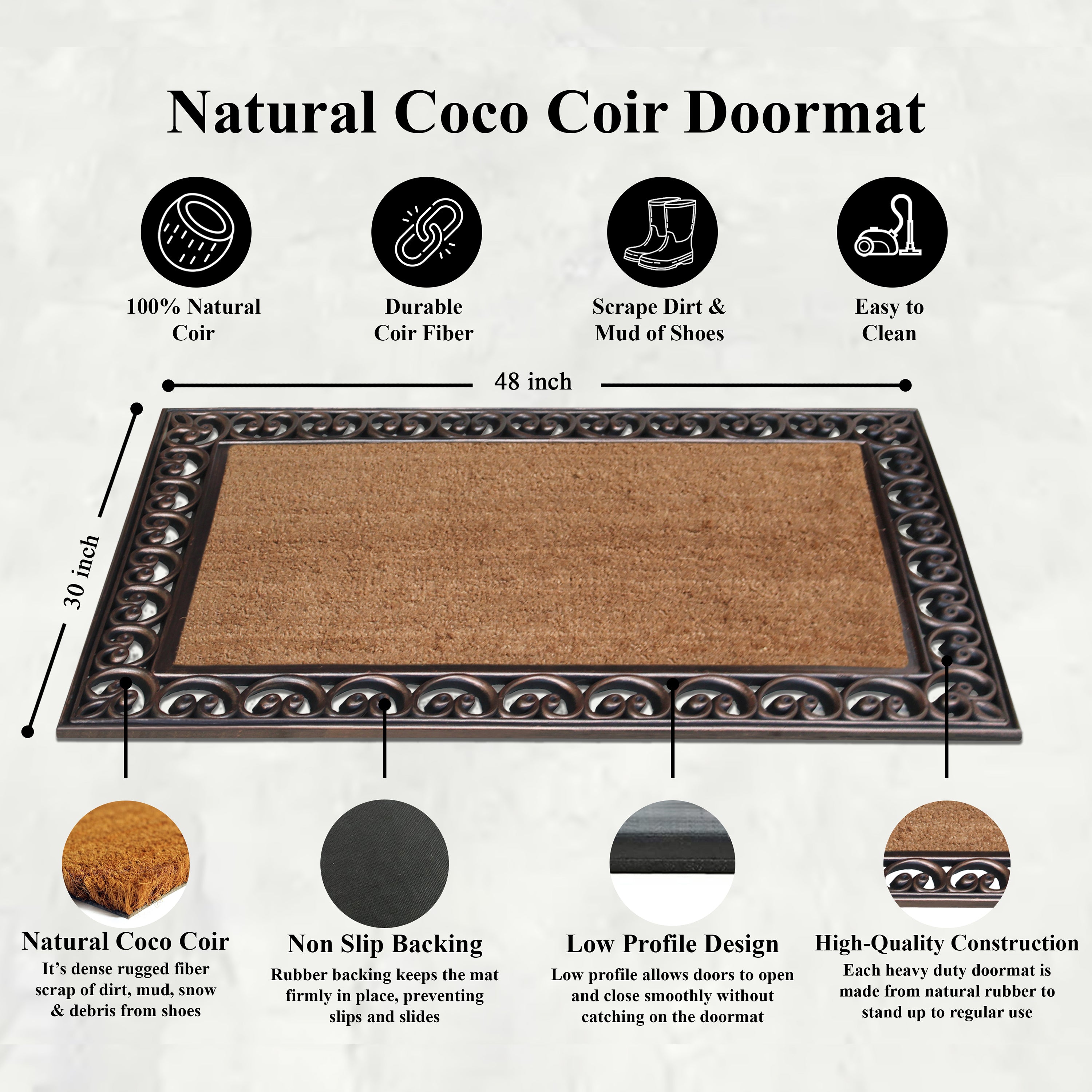 A1HC Plain Coir Rubber Door Mat 30" x 48" Outdoor Entryway Front Door Mat with Scroll Border