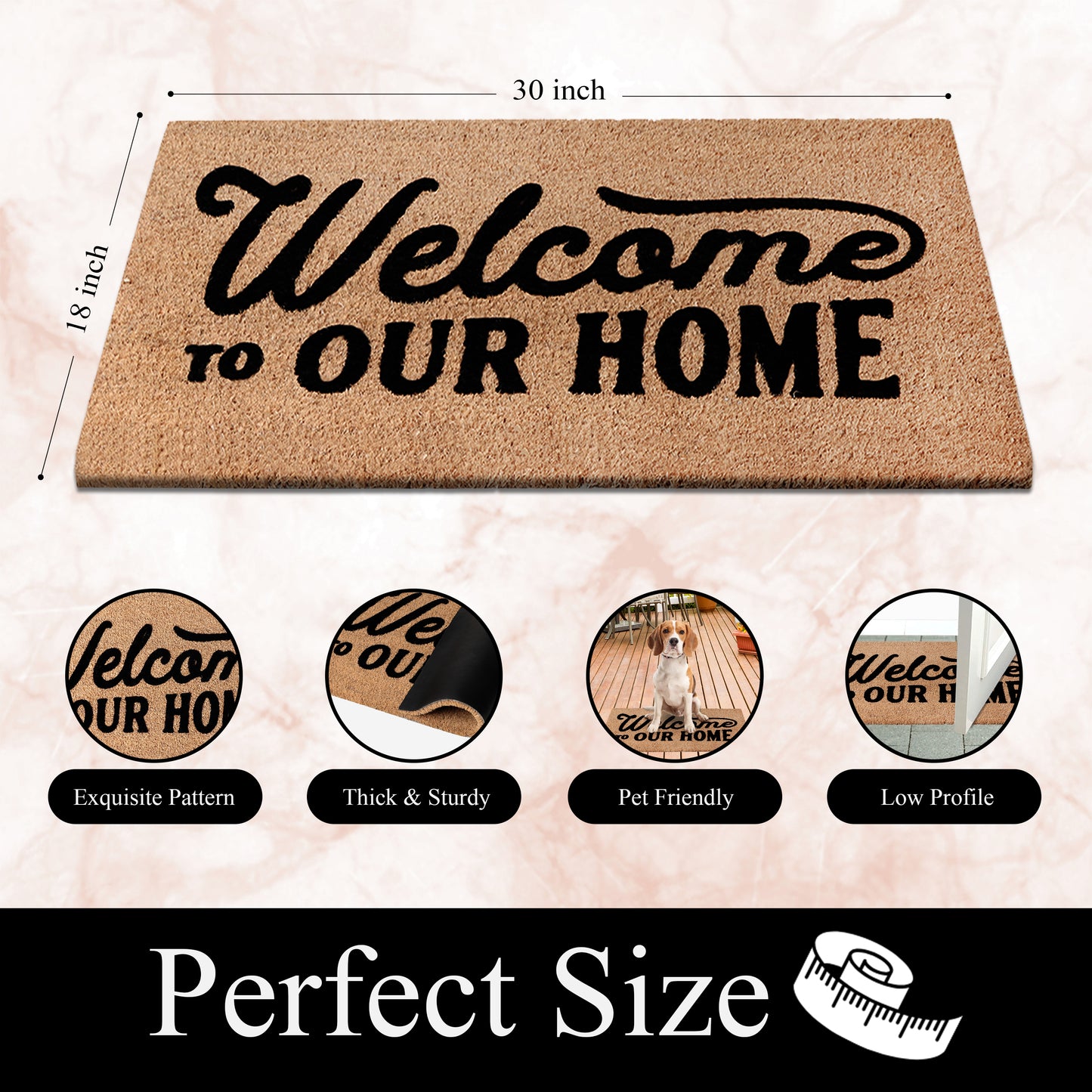 A1HC Natural Coir Flocked Door mat with Heavy Duty Non-Slip PVC Backing, Low-Profile Durable Doormat