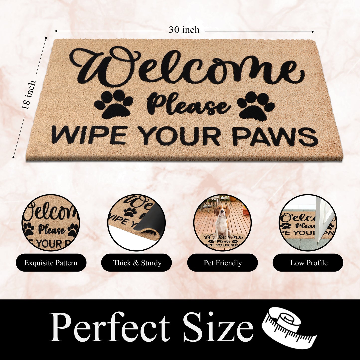 A1HC Natural Coir Flocked Door mat with Heavy Duty Non-Slip PVC Backing, Low-Profile Durable Doormat