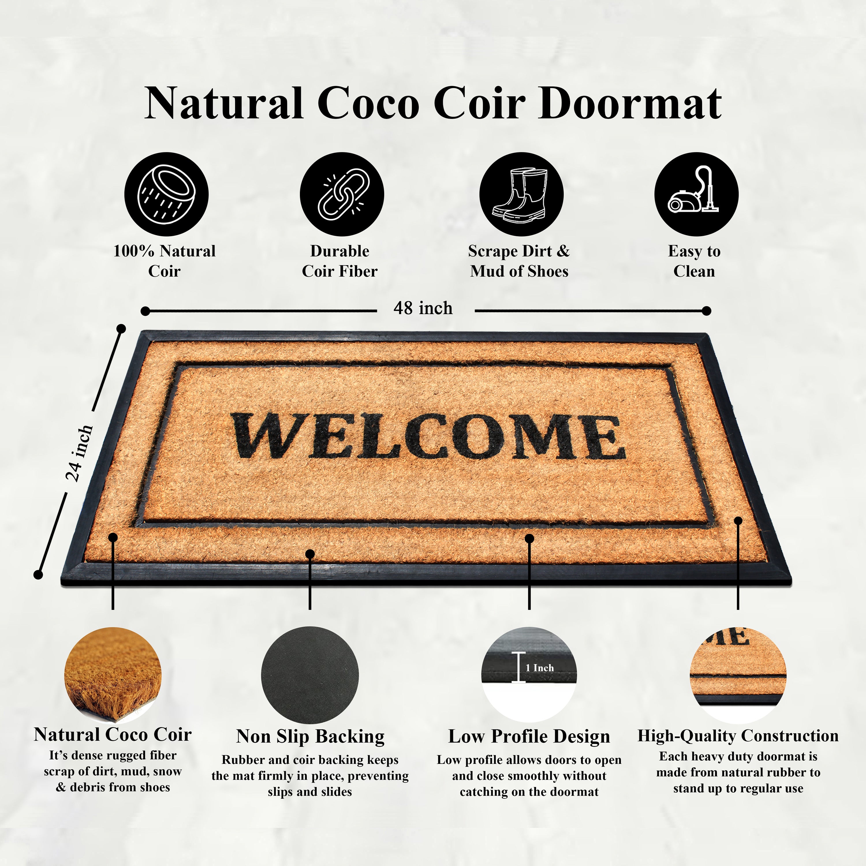 A1HC rubber backed coir doormat welcome text design