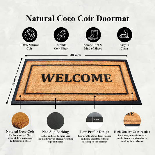 A1HC rubber backed coir doormat welcome text design