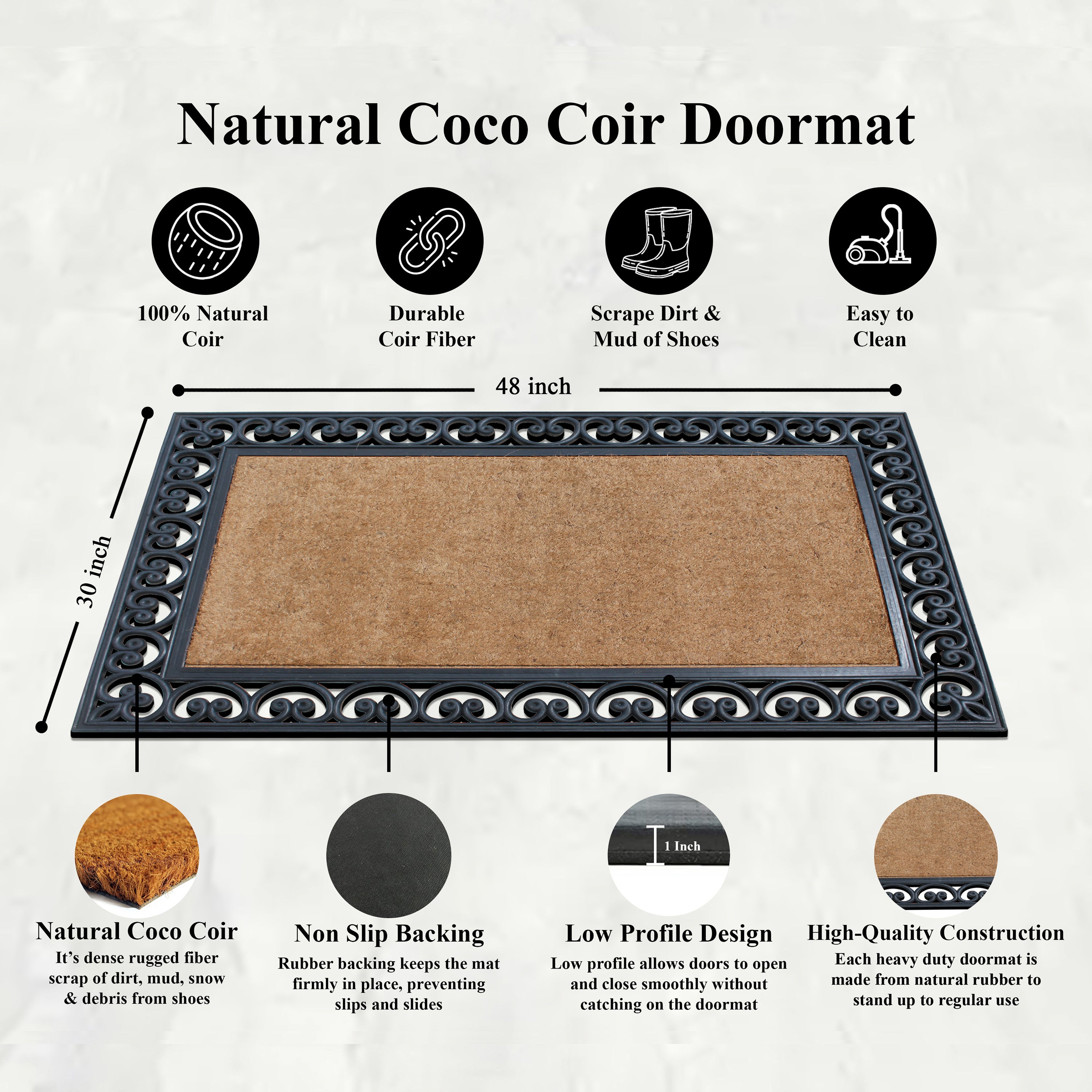A1HC Plain Coir Rubber Door Mat 30" x 48" Outdoor Entryway Front Door Mat with Scroll Border