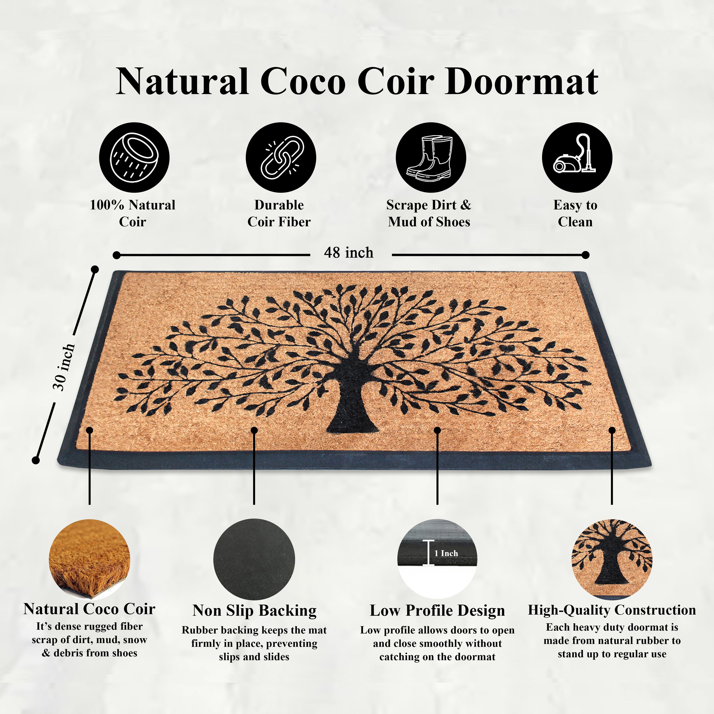 A1HC Tree Design Coir Door Mat Outdoor Front Door Entryway Mat with Non-Slip Backing