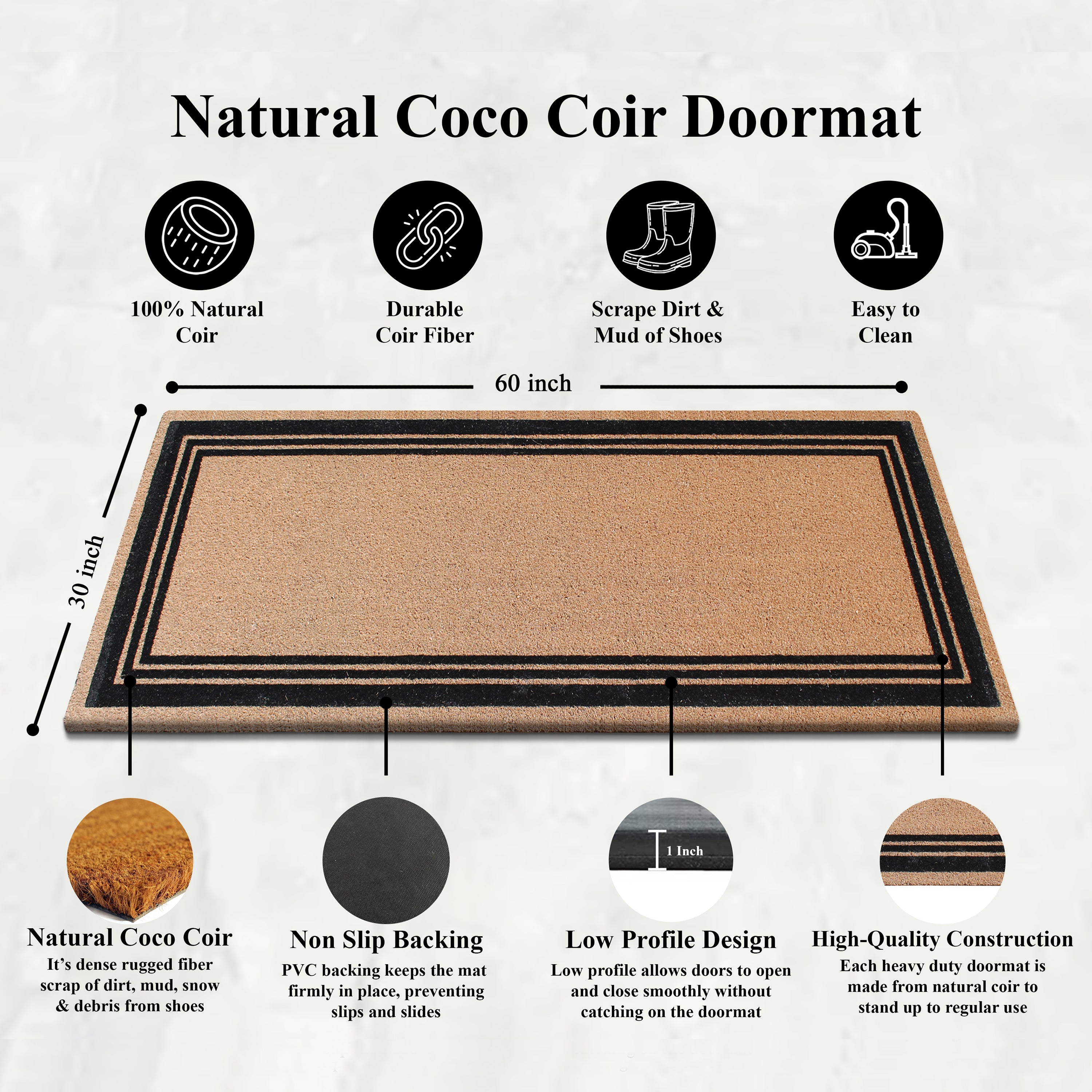A1HC Classic Design Coir Doormat – Outdoor Coco Coir Front Door Mat with Non-Slip PVC Backing for Entryway, Porch & Patio