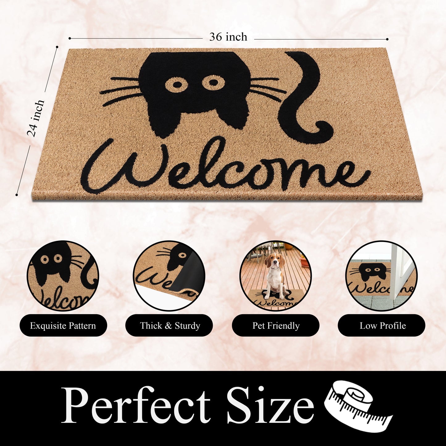 A1HC Natural Coir Flocked Door mat with Heavy Duty Non-Slip PVC Backing, Low-Profile Durable Doormat