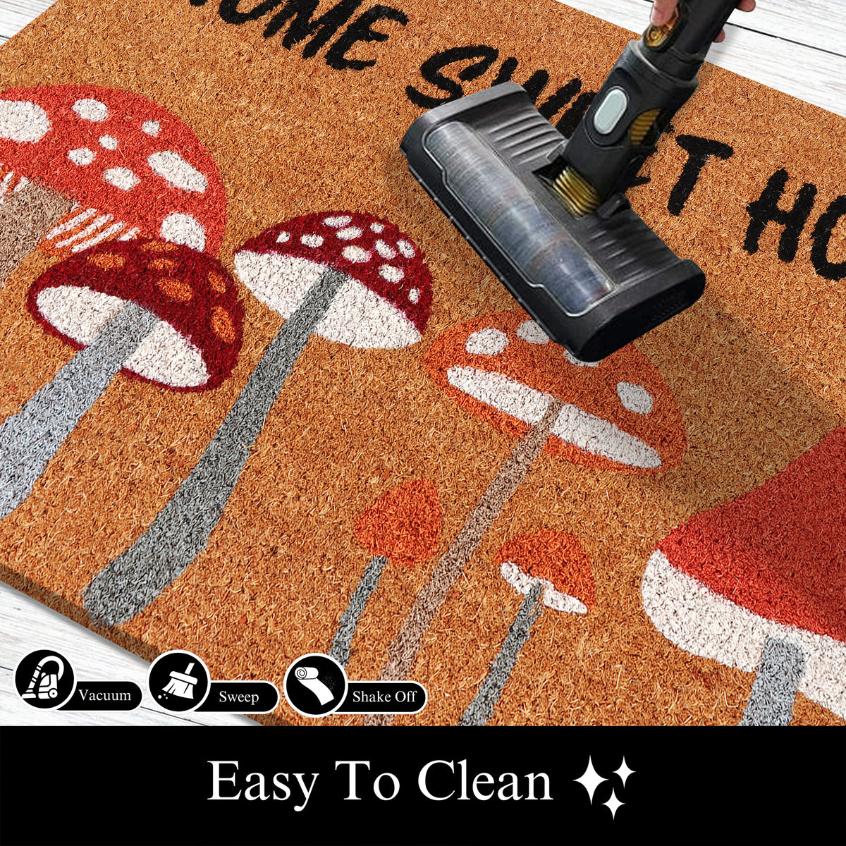 A1HC Natural Coco Coir Door Mat Home Sweet Home Mushroom Doormat with Heavy Duty Non-Slip PVC Backing - 18" x 30" - Easy to Clean, Welcome Mat for Home, Porch Decor Doormat