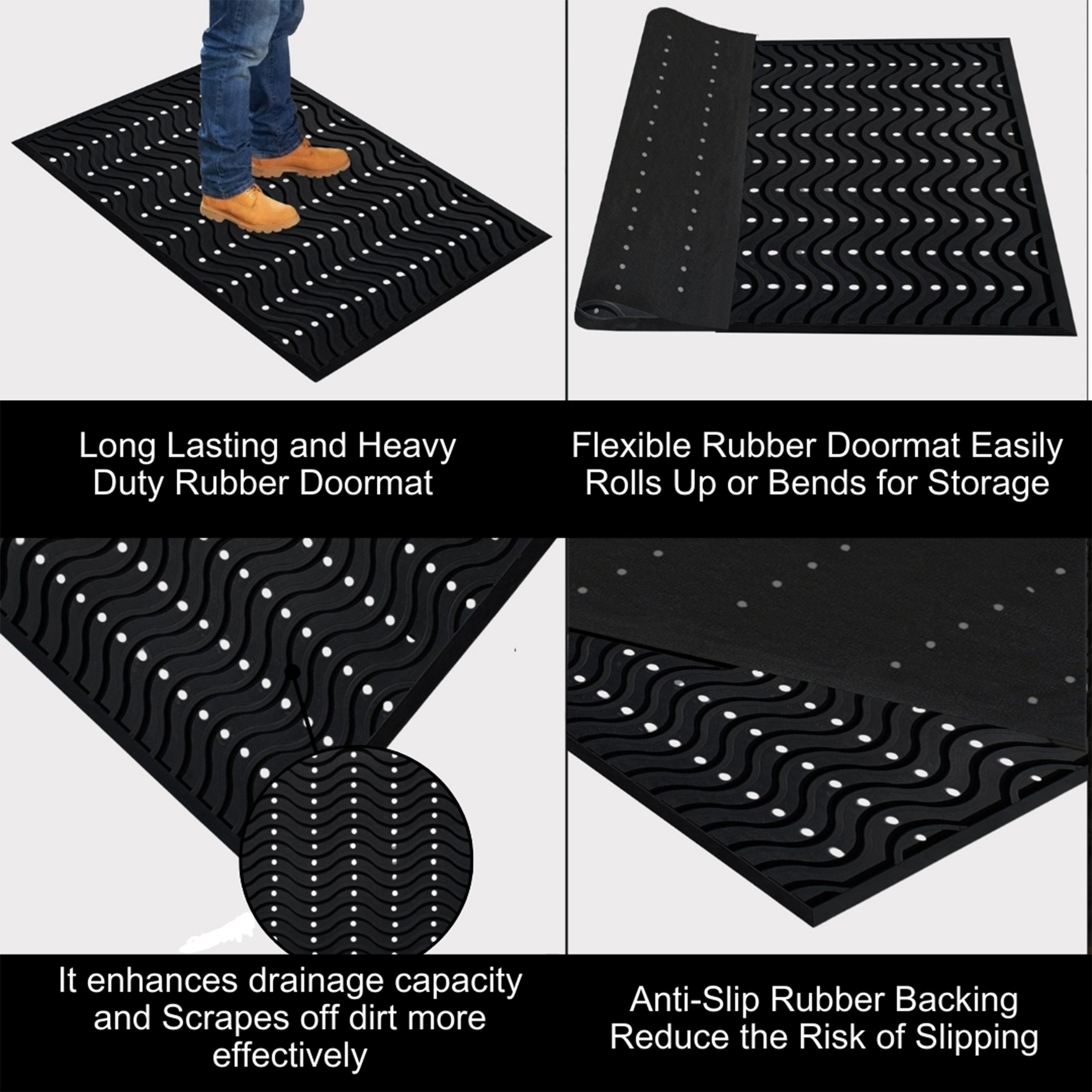 A1HC Commercial Rubber Floor Mat – Heavy Duty Non-Slip Wave Pattern Drainage Rubber Entry Mat Indoor Outdoor