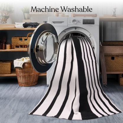 A1HC Black and White Striped 24"x51" Hand-Woven Cotton Front Door Rug