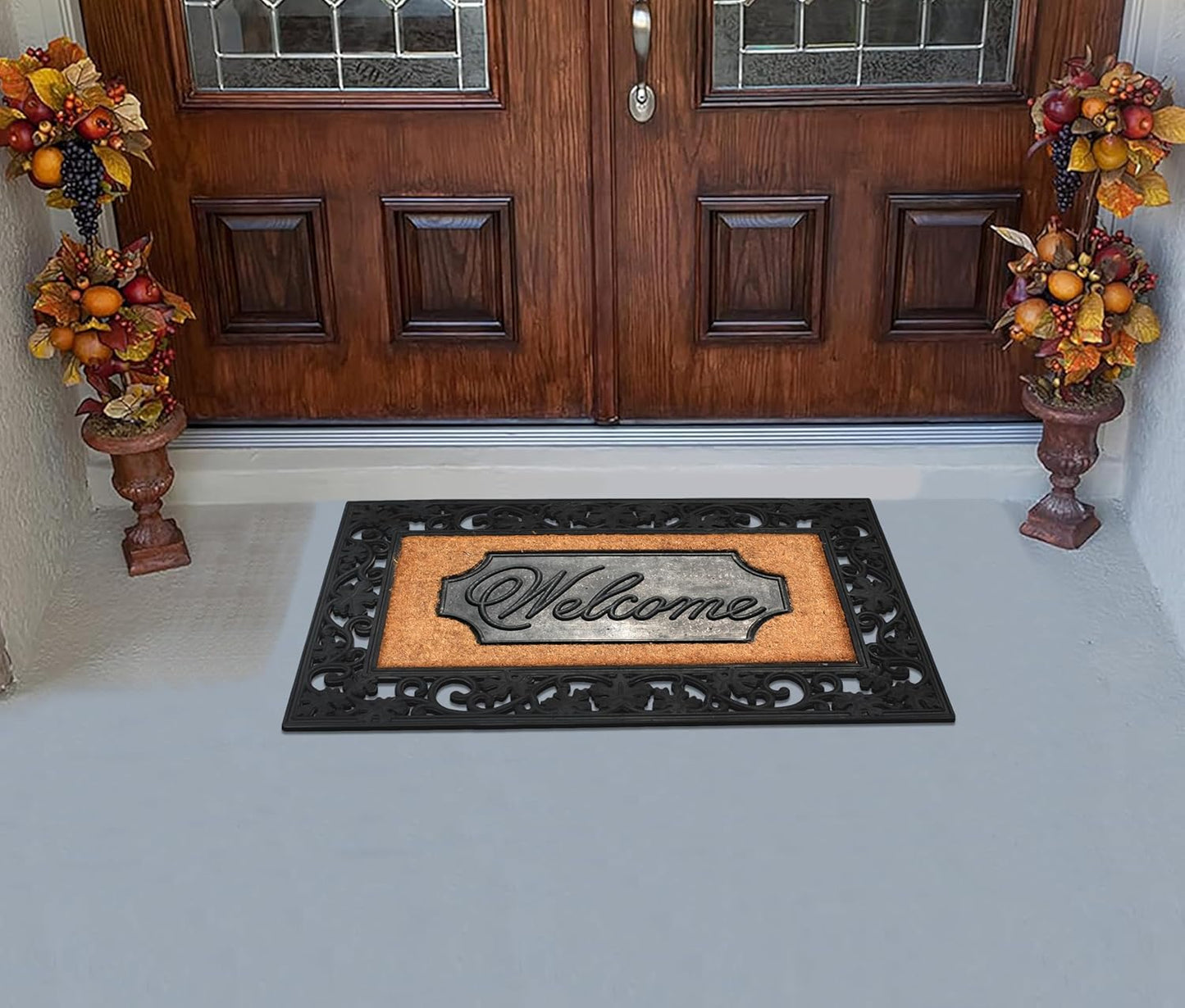 A1HC Natural Coir and Rubber Black Floral Border 18"x30" Welcome Doormat