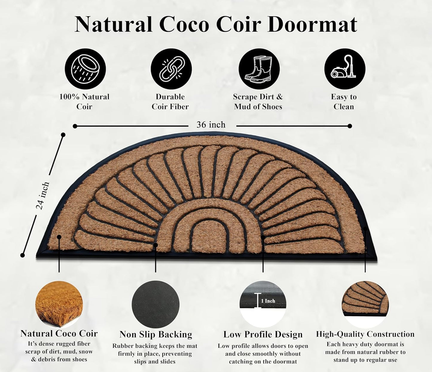 A1HC Natural Coir and Rubber Door Mat Thick Durable Doormat for Outdoor Entrance Semicircular