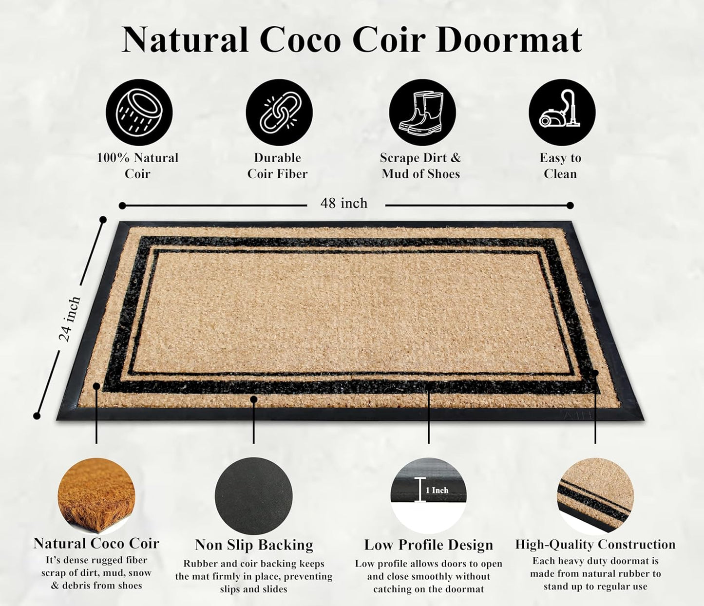 A1HC Natural Rubber Coir Outdoor Doormat 24x48 Markham Classic Border, Anti-Shed Treated Durable Front Door Mat