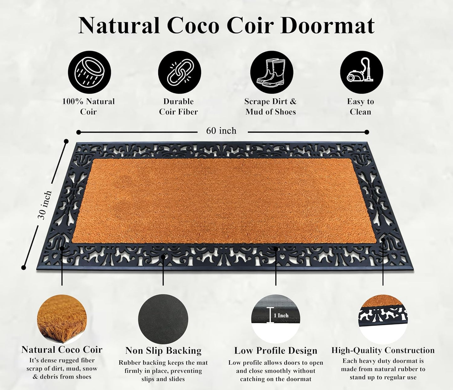 A1HC Natural Coir & Rubber Door Mat 30"x60", Thick, Durable, Heavy Duty Doormat For Outdoor & Indoor