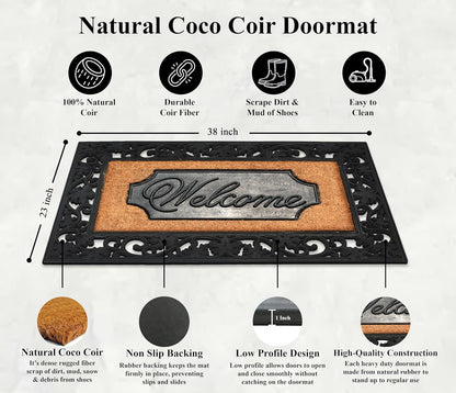 A1HC Natural Coir and Rubber Black Floral Border 18"x30" Welcome Doormat