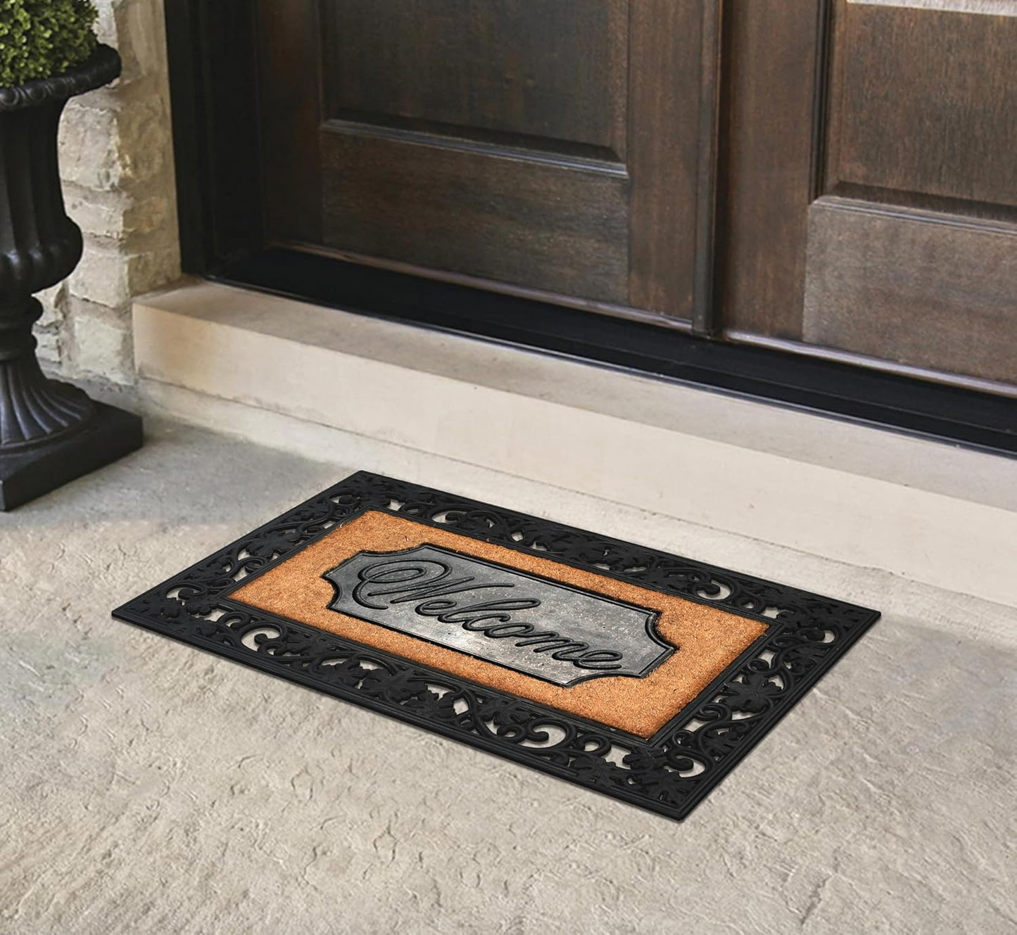 A1HC Natural Coir and Rubber Black Floral Border 18"x30" Welcome Doormat