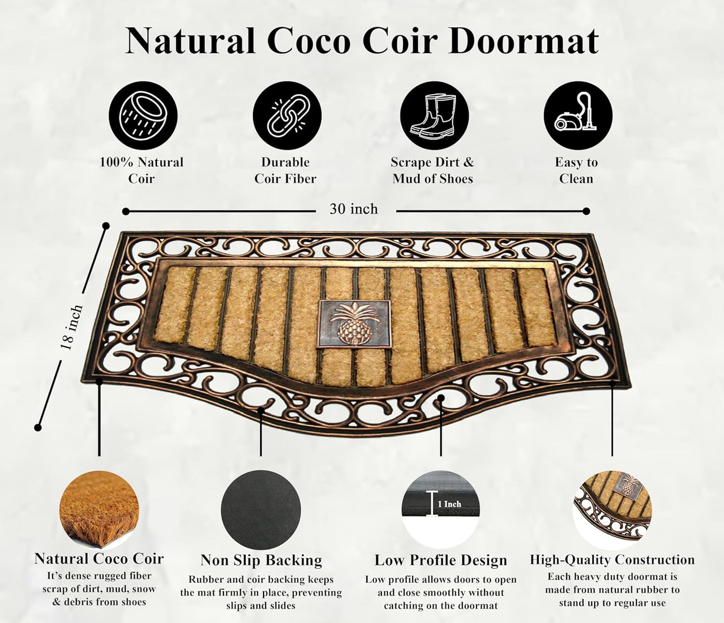 A1HC Natural Coir and Rubber Door Mat, 18" x 30", Thick Durable Doormat for Outdoor Entrance