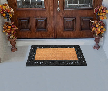 A1HC Natural Coir and Rubber Black Floral Border 18"x30" Long Lasting Front Door Entry Doormat