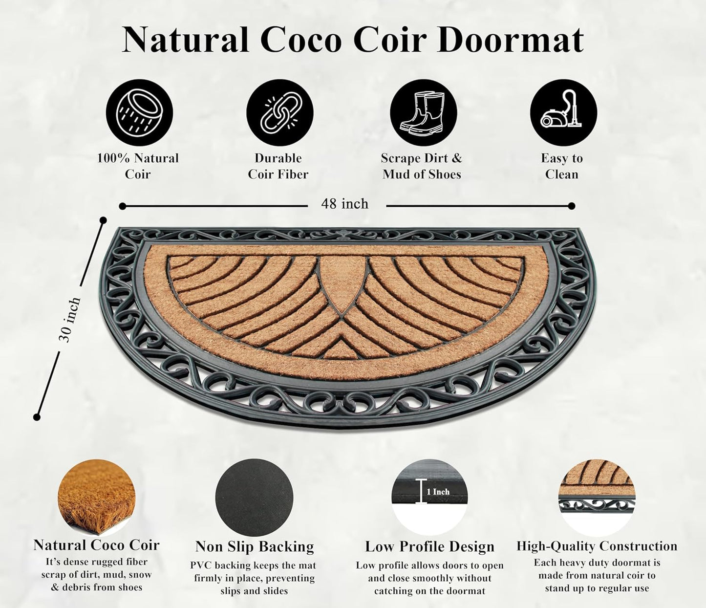 A1HC Natural Half-Round Rubber and Coir Doormat, 30" x 48", Anti-Shed, Fade-Resistant Entrance Mat