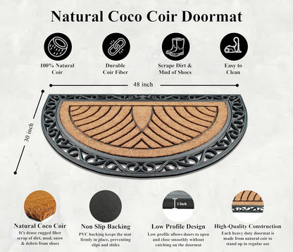 A1HC Natural Half-Round Rubber and Coir Doormat, 30" x 48", Anti-Shed, Fade-Resistant Entrance Mat