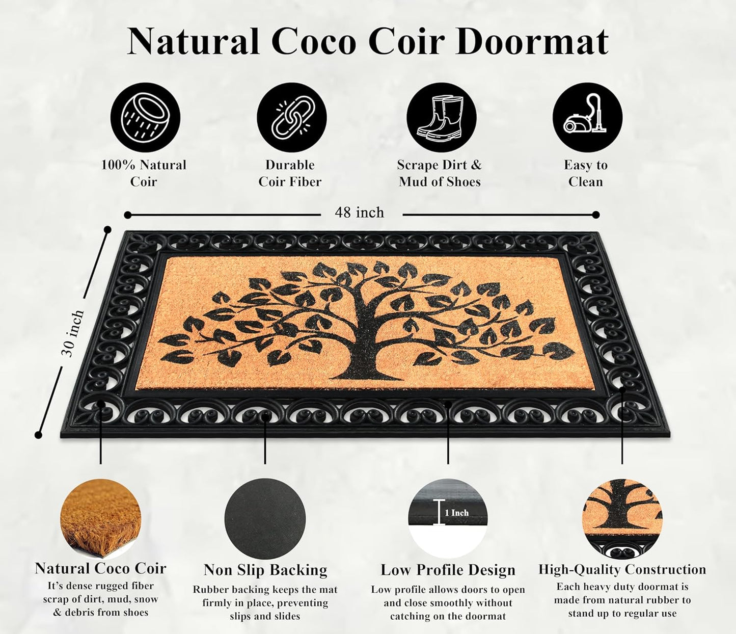 A1HC Natural Coir & Rubber Door Mat, 30"x48", Anti-Shed, Fade-Resistant Outdoor Entrance Doormat