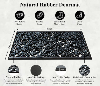 A1HC 100% Rubber Outdoor Doormat, Floral Paisley, 30"x48", All-Weather, Slip-Resistant, Mats for Entryways