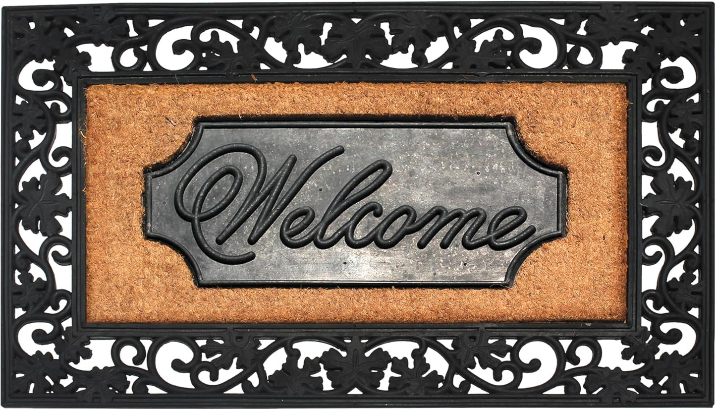 A1HC Natural Coir and Rubber Black Floral Border 18"x30" Welcome Doormat