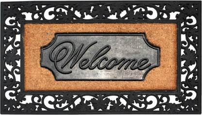 A1HC Natural Coir and Rubber Black Floral Border 18"x30" Welcome Doormat