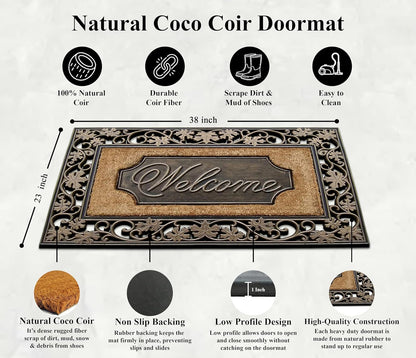 A1HC Rubber and Coir Door Mat 23"x38", Thick Durable Welcome Doormat for Indoor Outdoor Entrance