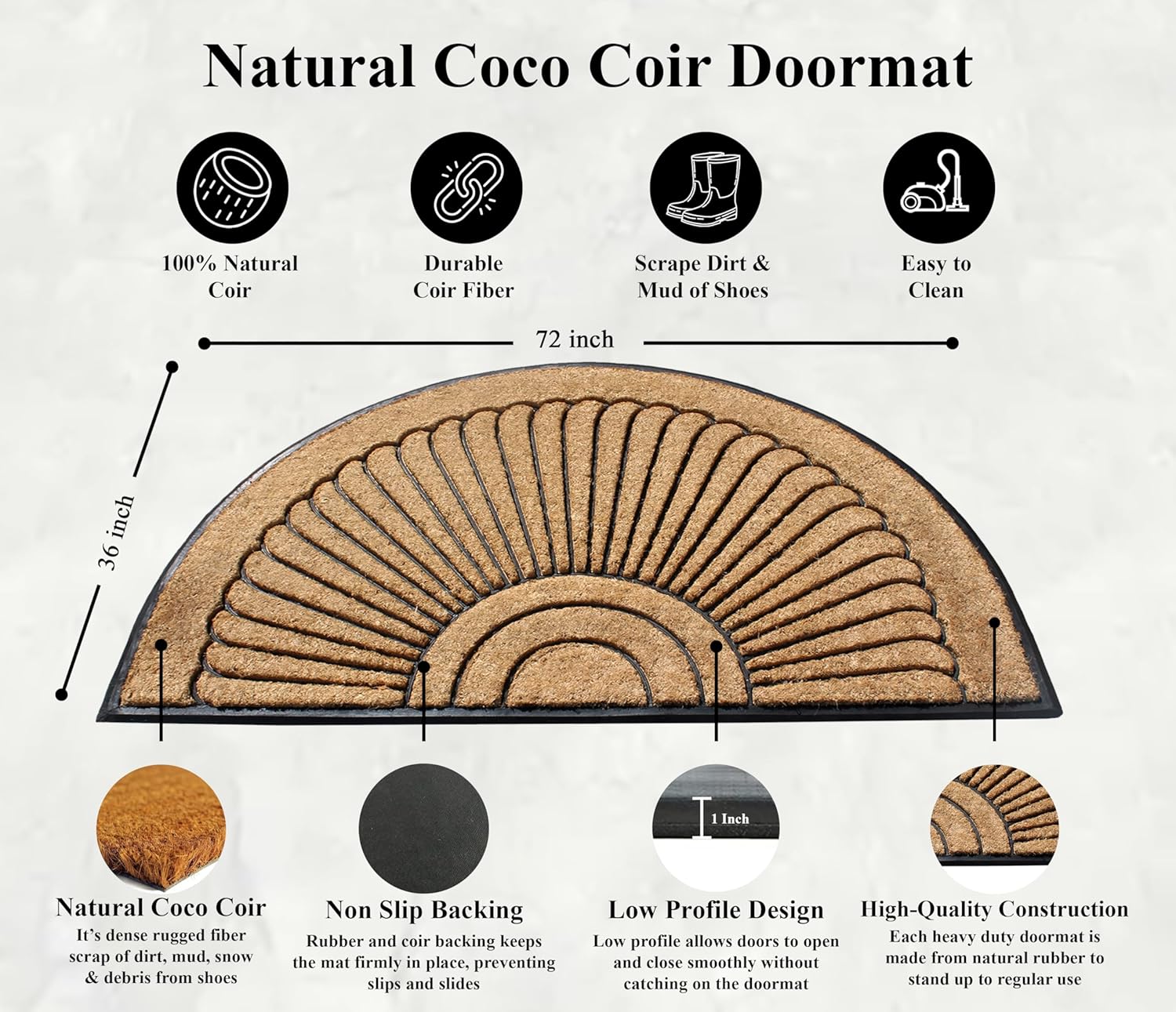 A1HC Natural Coir and Rubber Door Mat Thick Durable Doormat for Outdoor Entrance Semicircular