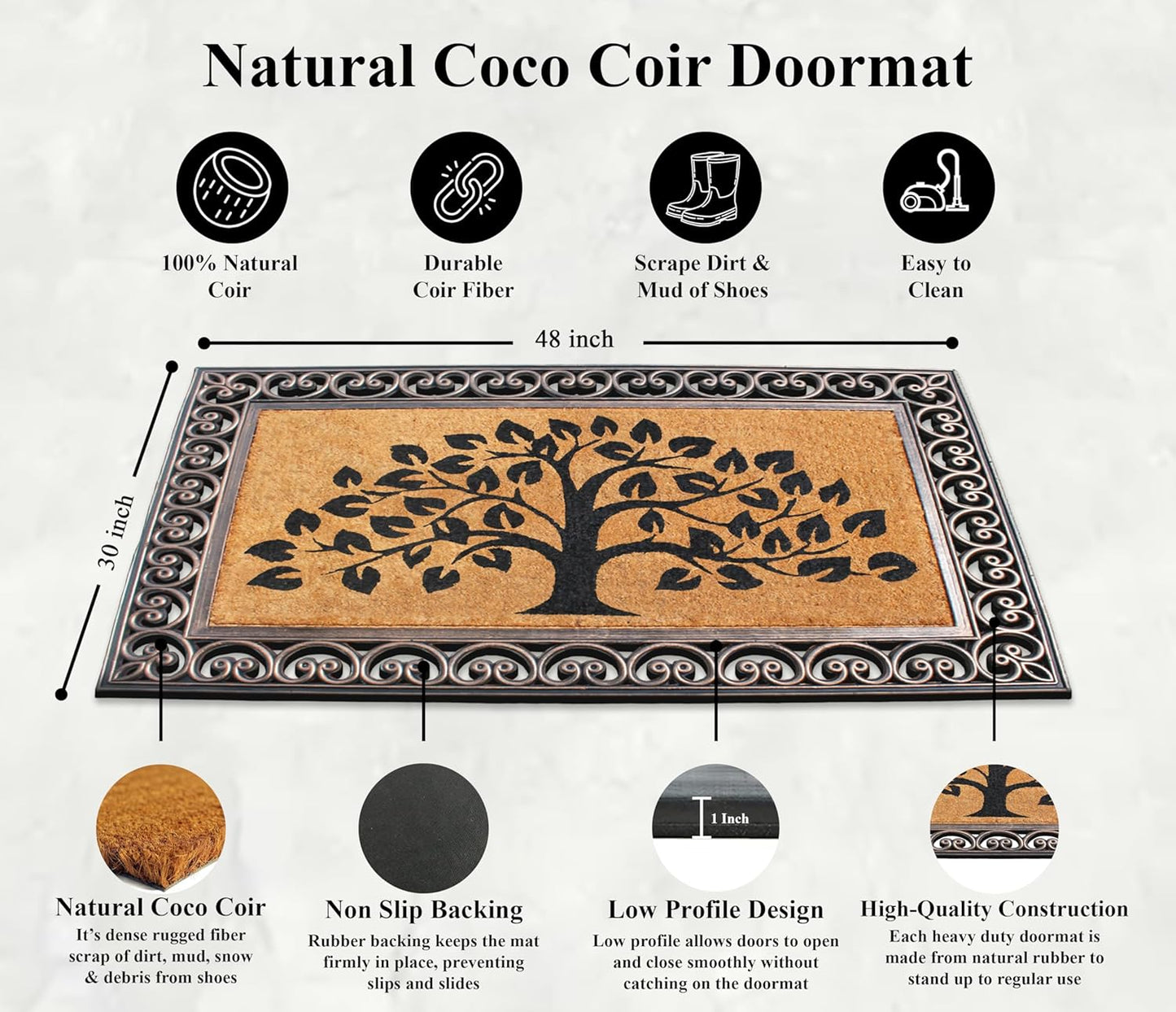 A1HC Natural Coir & Rubber Door Mat, 30"x48", Anti-Shed, Fade-Resistant Outdoor Entrance Doormat